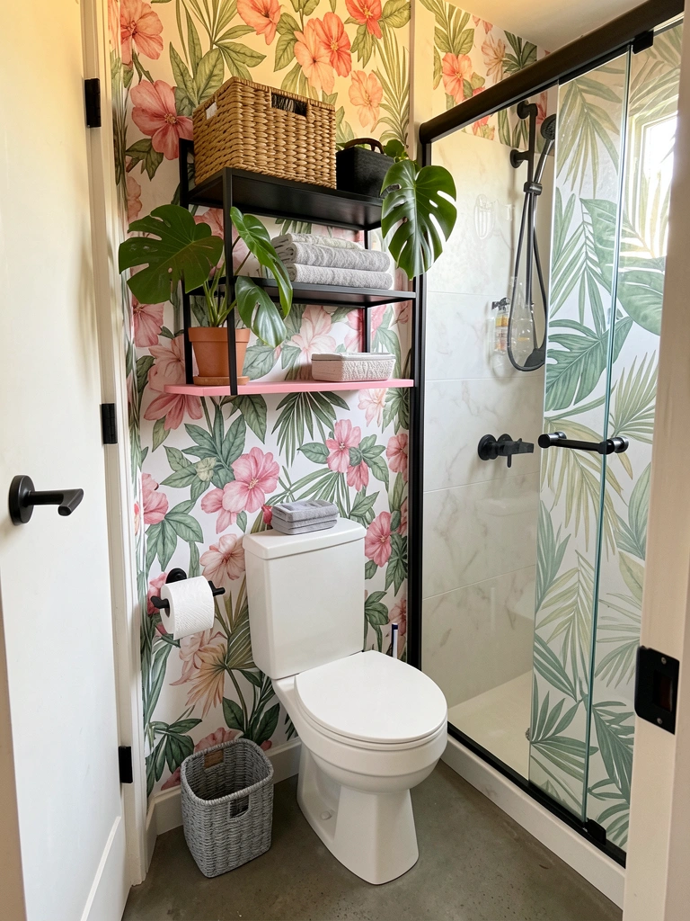 Banheiro com vaso sanitário branco, prateleira metálica preta com cesto e toalhas, e parede de papel floral rosa e verde iluminada por luz natural.