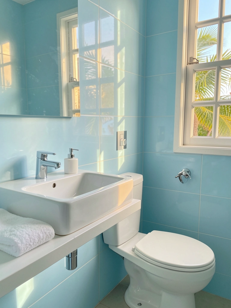 Lavatório de porcelana branca com torneira cromada e toalha dobrada, vaso sanitário ao lado, paredes de azulejos azuis claros e janela com luz natural.