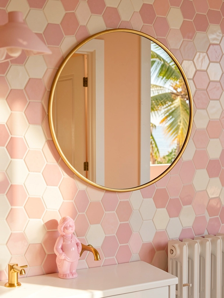 Azulejos hexagonais rosa e branco, espelho redondo com moldura dourada reflete parede pêssego, luminosidade natural.