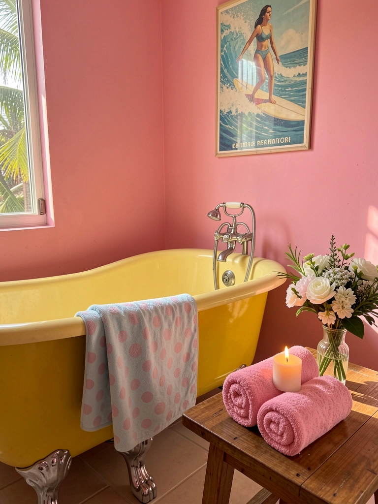 Banheira amarela vintage com pés de prata sobre mesa de madeira, parede rosa, toalha azul e rosa pendurada, pôster de surfista e vela acesa.