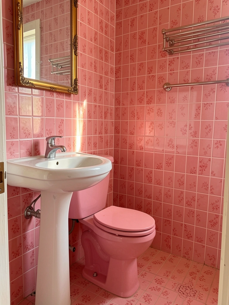 Pequenos azulejos rosa com padrão floral em banheiro, vaso sanitário vintage, pia branca e espelho com moldura dourada iluminados por luz natural.