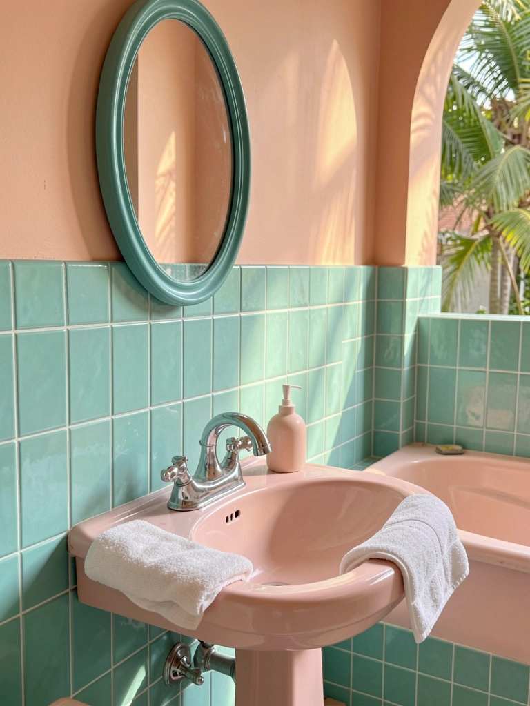 Pia rosa vintage com torneira cromada, azulejos turquesa e saboneteira rosa clara sob luz natural.