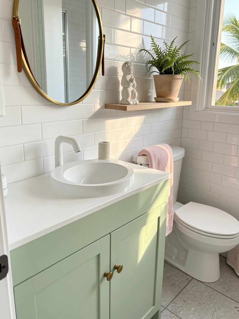 Lavabo branco com armário verde-claro, pia redonda, espelho dourado com alça de couro e toalha rosa-claro pendurada, luz natural.