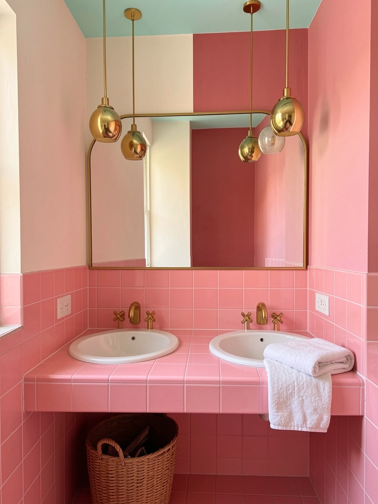 Banheiro com azulejos rosa, pias ovais e torneiras douradas, cestos de vime no chão e luz natural.