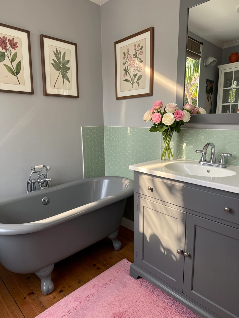 Banheiro cinza com banheira vintage, penteadeira com pia branca, cuba metálica, azulejos hexagonais verdes claros e tapete rosa no chão de madeira, vaso de rosas e gravuras botânicas na parede, luz natural.