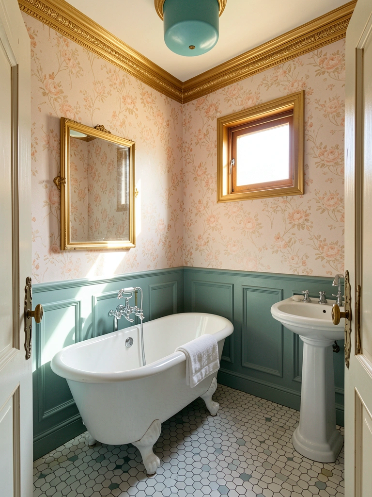 Banheira de pés com toalha dobrada, papel floral rosa e pêssego, piso hexagonal e luz natural entrando por janela com moldura dourada.