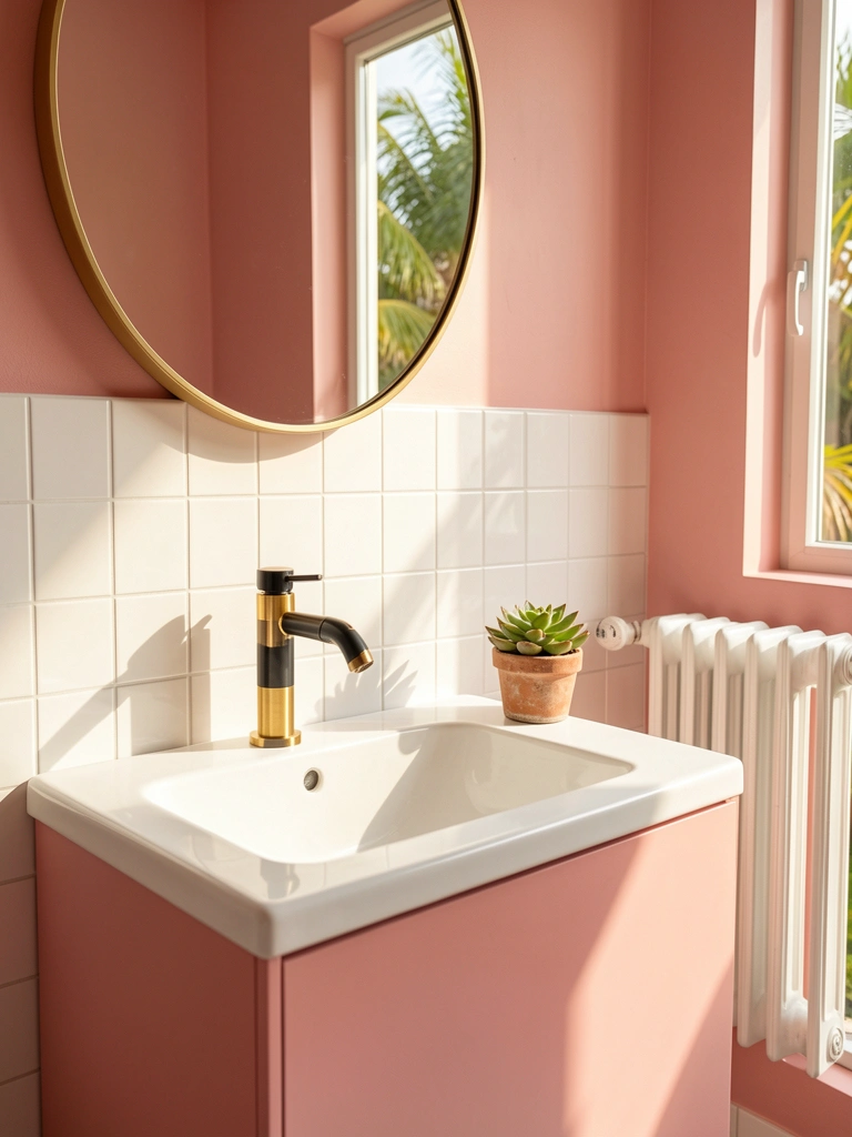 Pia de porcelana branca, armário rosa e torneira bicolor sobre bancada com suculenta em vaso, luz natural e azulejos brancos.