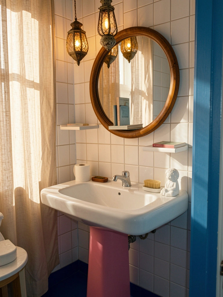 Pia de cerâmica branca com base rosa, espelho redondo de madeira, luminária pendente e azulejos brancos iluminados por luz natural.