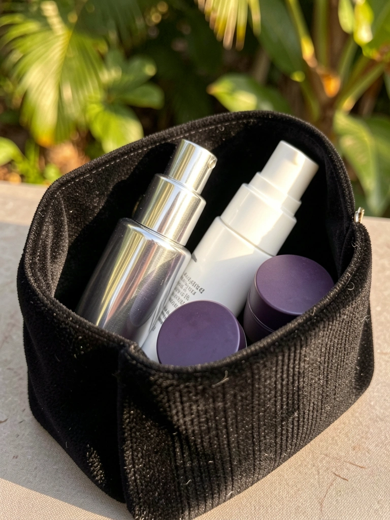 Bolsa preta aveludada aberta com frasco prateado de skincare, borrifador branco e três potes de sombra roxa escura, luz natural suave e fundo tropical desfocado.