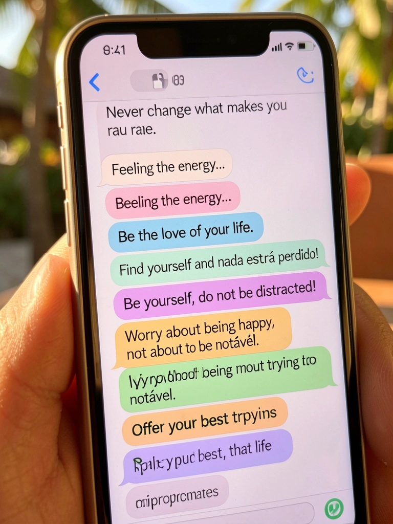 Smartphone exibindo mensagens em inglês com fundo desfocado e luz natural tropical, tela iluminando o ambiente.