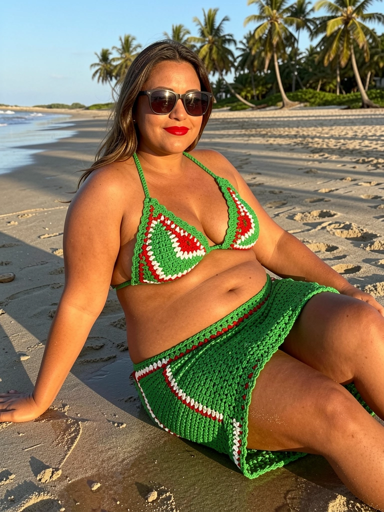 Mulher plus size com biquíni de crochê verde vibrante e detalhes vermelhos e brancos sentada na areia da praia, óculos escuros e batom vermelho, palmeiras ao fundo e luz solar natural.
