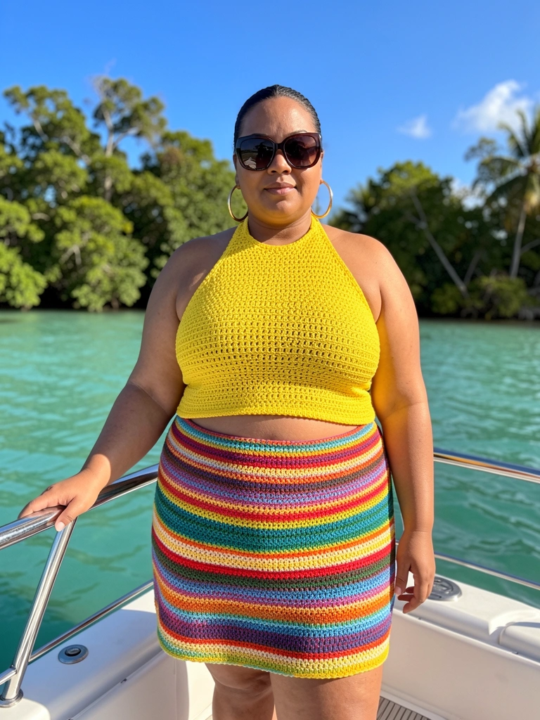 Blusa de crochê amarela vibrante e saia listrada multicolorida em mulher plus size, óculos escuros grandes e brincos de argola, no deque de um barco com céu azul, árvores verdes e água turquesa.