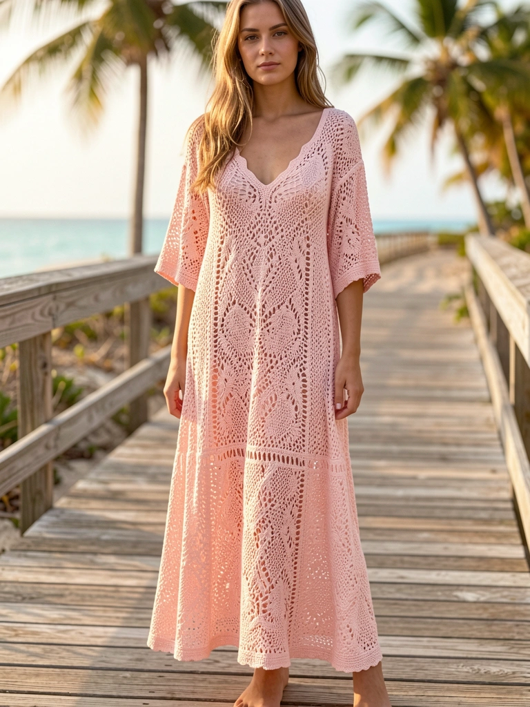 Vestido de crochê rosa claro em mulher na passarela de madeira, praia tropical ao fundo com luz difusa.