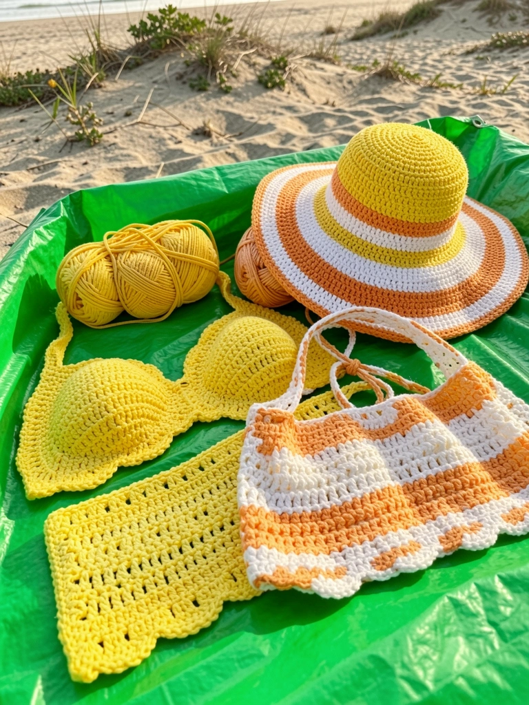 Biquíni e chapéu de crochê em amarelo e branco sobre lona verde, luz natural, costas costeiras ao fundo.