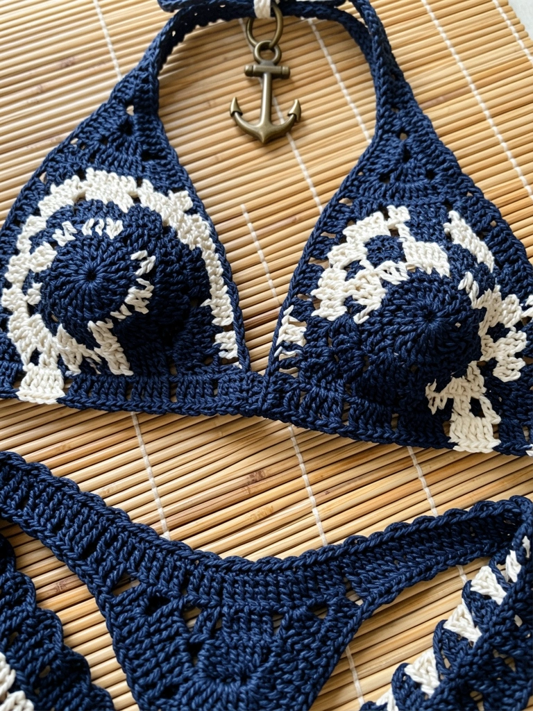Crochê azul-marinho de biquíni com âncora de latão sobre esteira de bambu, luz tropical suave realçando a textura do fio.