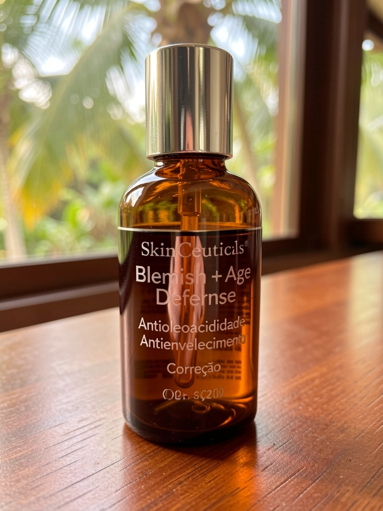 Frasco de vidro âmbar do sérum SkinCeuticals Blemish + Age Defense sobre madeira polida, com luz natural difusa refletindo textura de pele saudável.