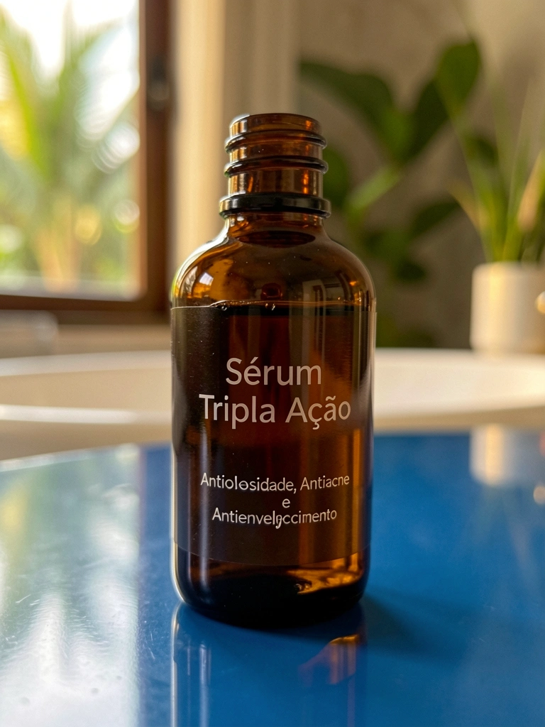Frasco de vidro âmbar escuro de sérum com rótulo branco minimalista sobre superfície azul reflexiva, luz suave de janela e fundo levemente desfocado.