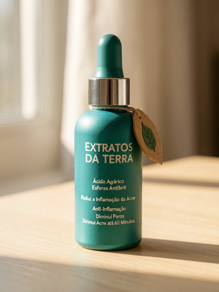 Frasco verde-azulado de sérum facial sobre superfície de madeira clara, luz natural lateral, detalhes de textura e etiqueta em formato de folha.