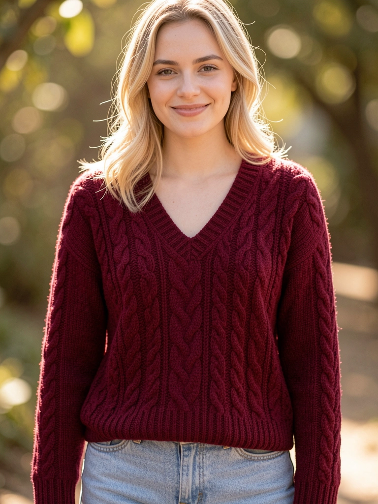 Burgundy cable-knit V-neck sweater with braided detailing on a smiling blonde woman in denim, soft daylight glow.