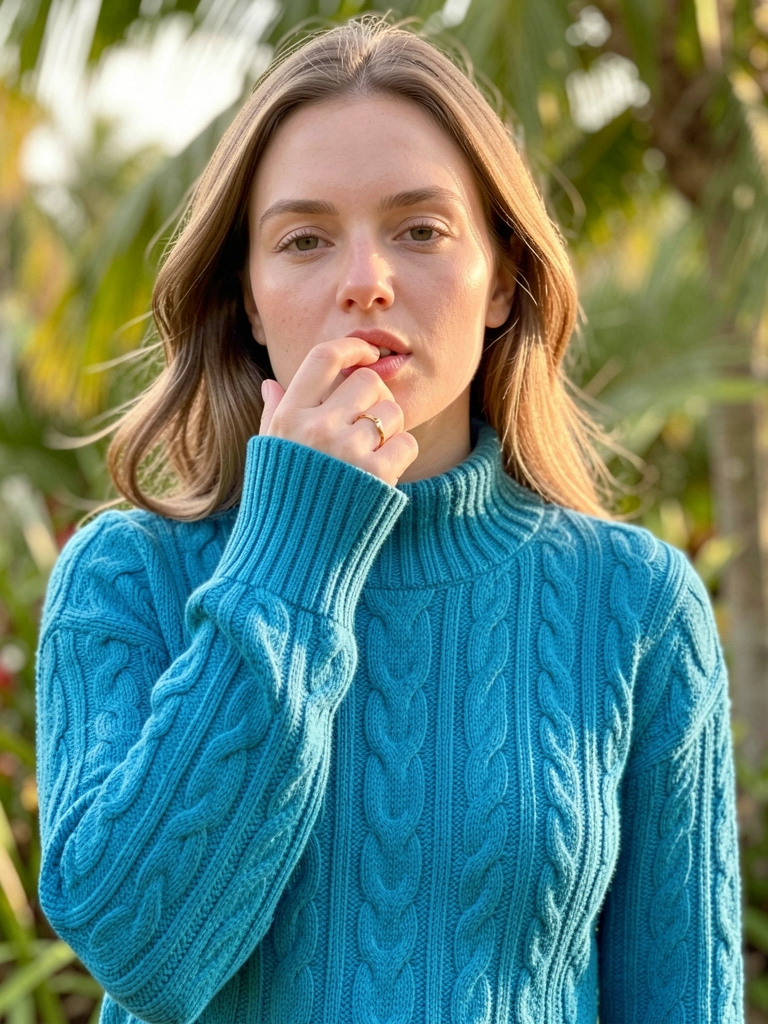 Mulher com suéter azul-petróleo de tricô com padrão texturizado, mão no rosto tocando os lábios, luz natural suave e fundo desfocado com folhagens.