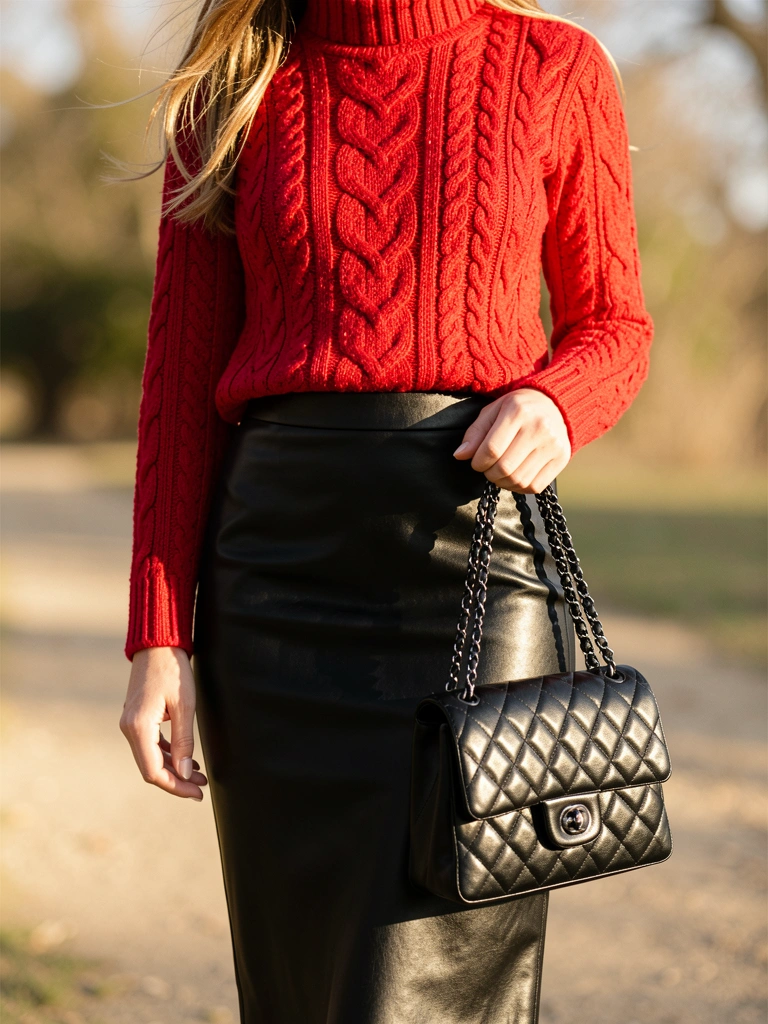 Mulher de suéter vermelho de tricô e saia preta de couro segurando bolsa acolchoada, luz natural ao ar livre.