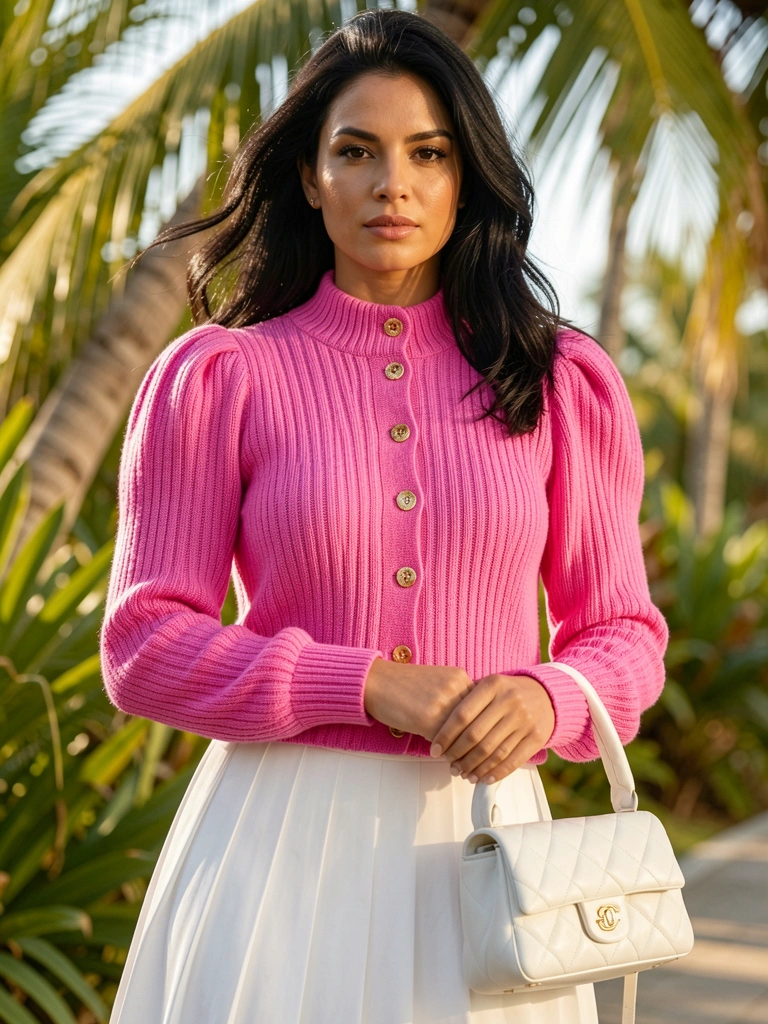 Pulôver rosa canelado com botões dourados, saia plissada branca e bolsa acolchoada, iluminação natural suave.