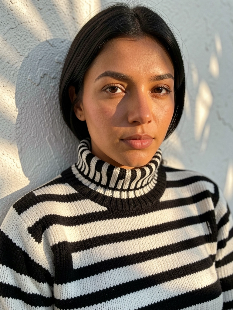 Mulher de olhos escuros e expressão confiante, usando suéter de gola alta com listras horizontais pretas e brancas, encostada em parede texturizada iluminada por luz natural suave.