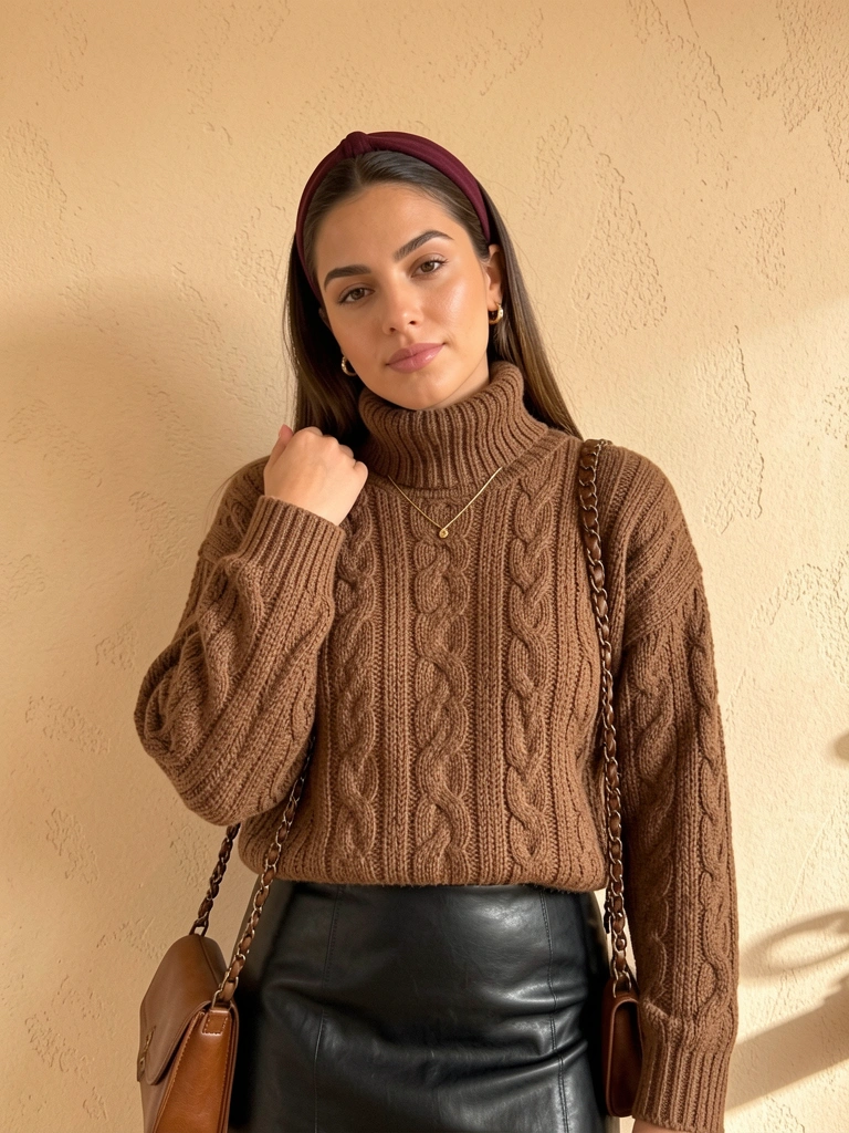Mulher de suéter grosso marrom, saia de couro preta e bolsa de corrente marrom, em frente a parede bege texturizada com luz natural.