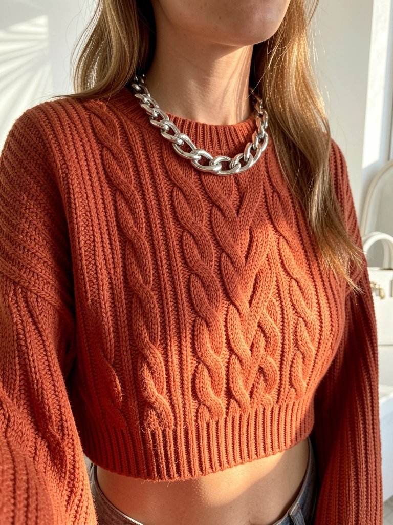 Mulher com suéter terracota de tricô texturizado e colar de corrente prateada, fundo branco desfocado com bolsa branca, luz natural quente.