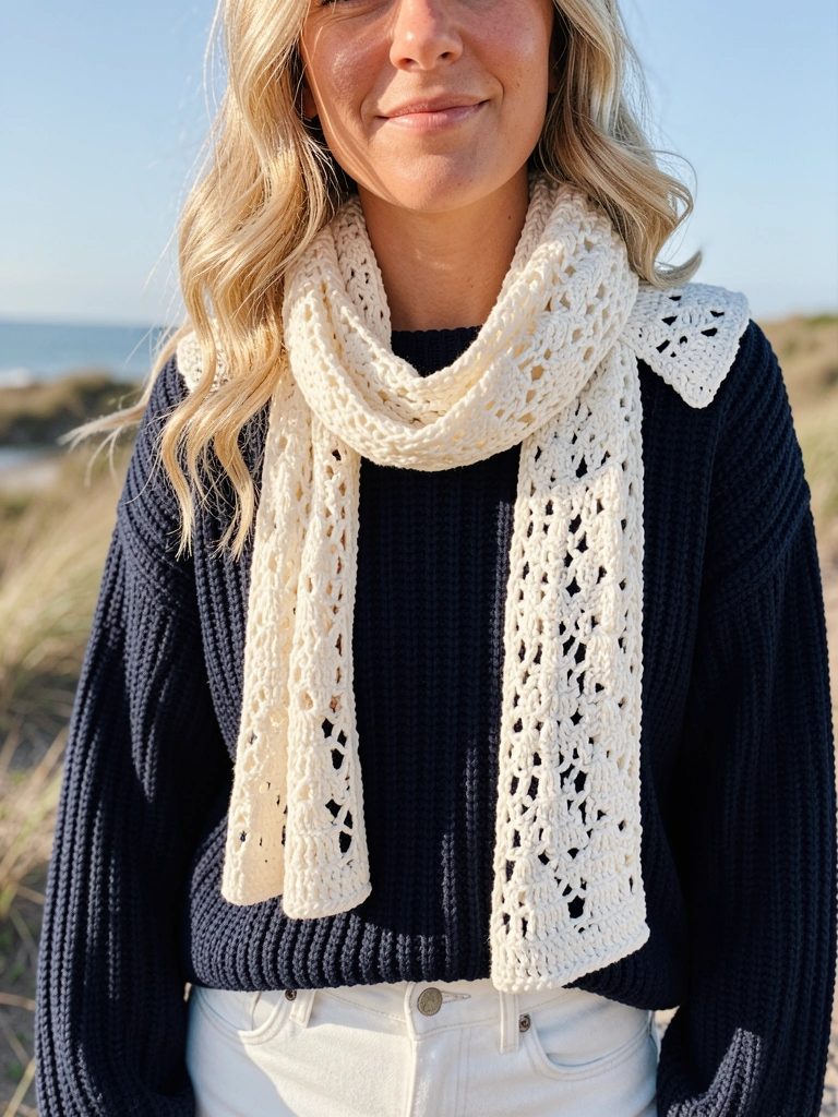 Mulher com suéter azul marinho de tricô grosso e gola de crochê branca, sorrindo suavemente, luz natural difusa, jeans branco com bolsos visíveis ao fundo.