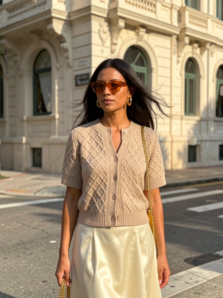Mulher com cardigan de tricô bege, saia de cetim creme e bolsa dourada em esquina ensolarada com fachada ornamentada.