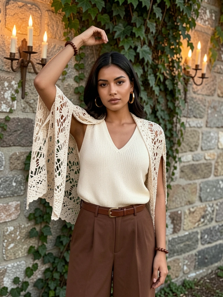 Mulher de top creme com decote V e calça marrom, xale rendado sobre os ombros, brincos dourados, parede de pedra com hera e velas.