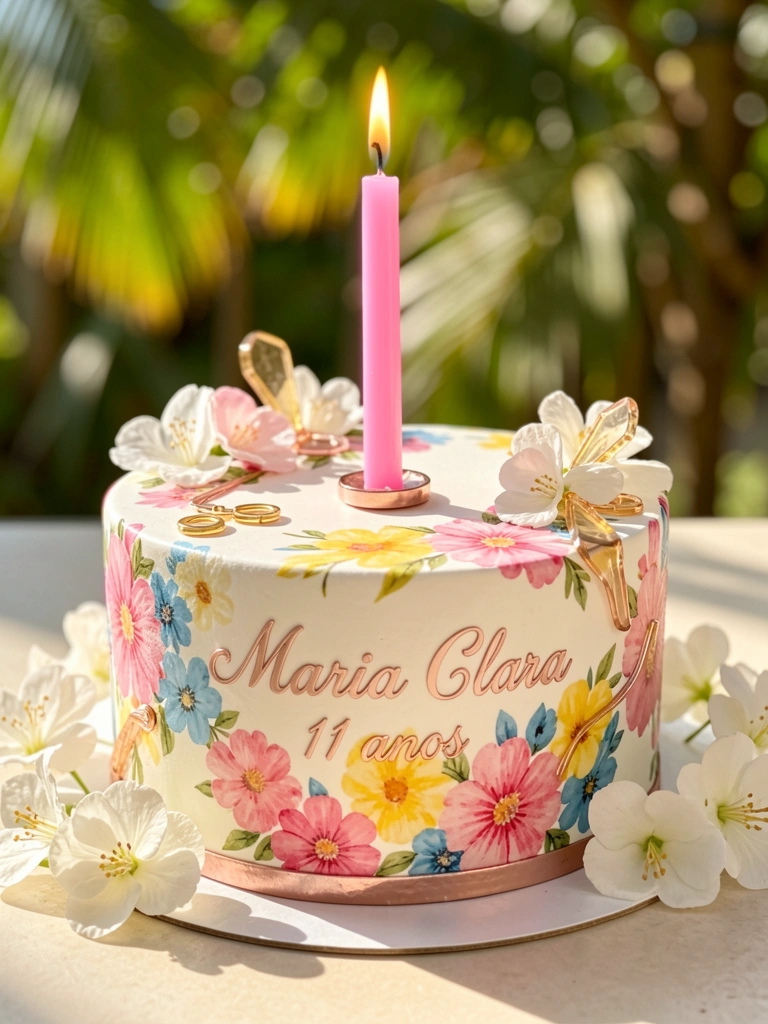 Bolo branco com flores rosas, amarelas e azuis, inscrição