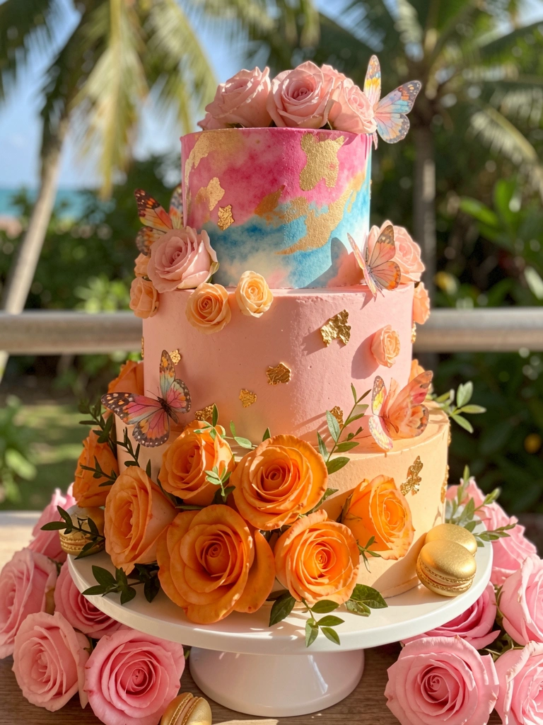 Bolo de três andares com glacê rosa, flores e borboletas em aquarela, sob luz natural.