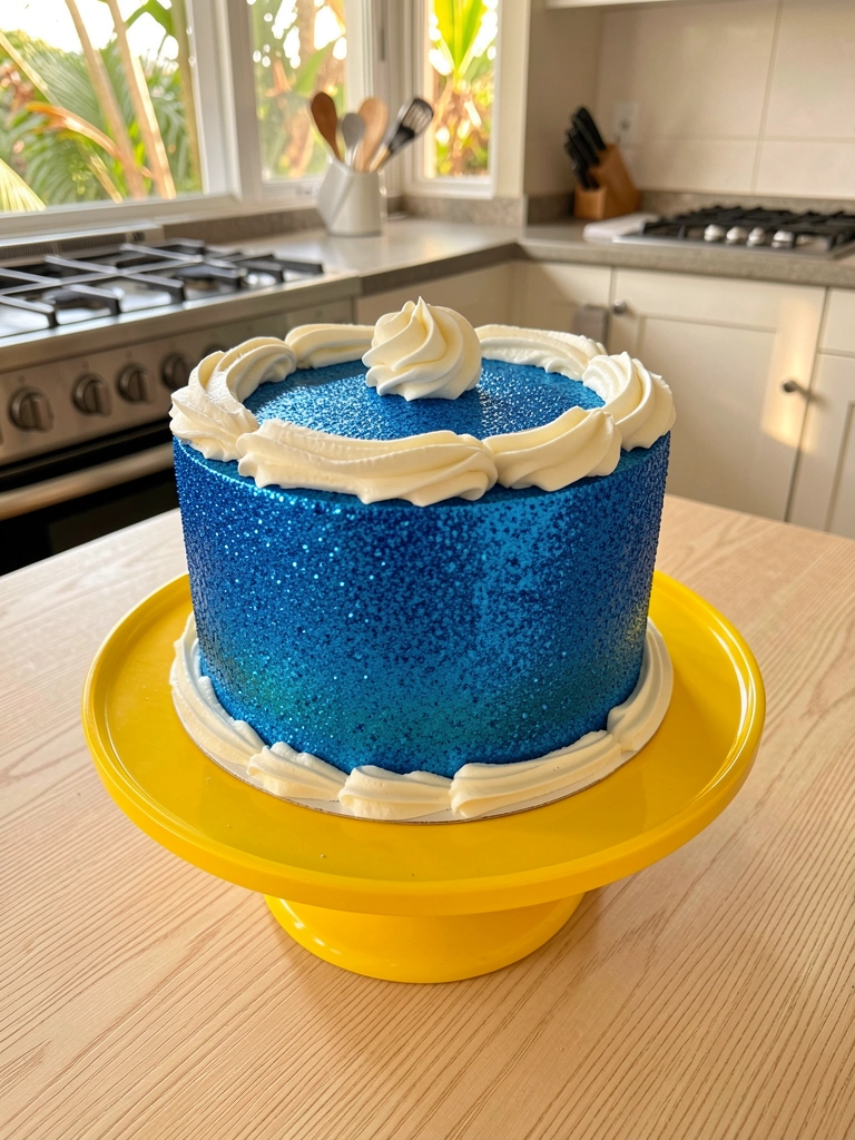 Bolo azul brilhante com glacê branco em suporte amarelo sobre mesa de madeira, cozinha ao fundo com luz natural.