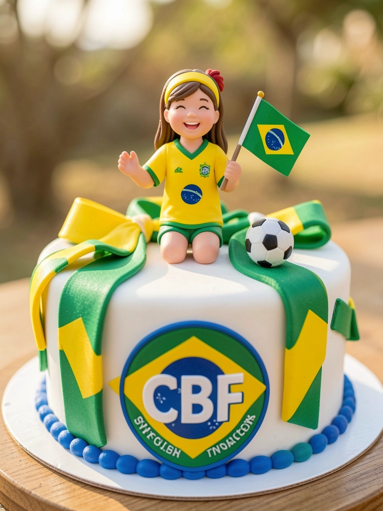 Bolo branco com bandeira brasileira, bola de futebol e menina feliz de uniforme amarelo e verde sobre ele, luz natural do dia.