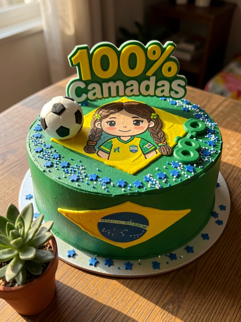 Bolo redondo com bandeira do Brasil, bola de futebol e banner