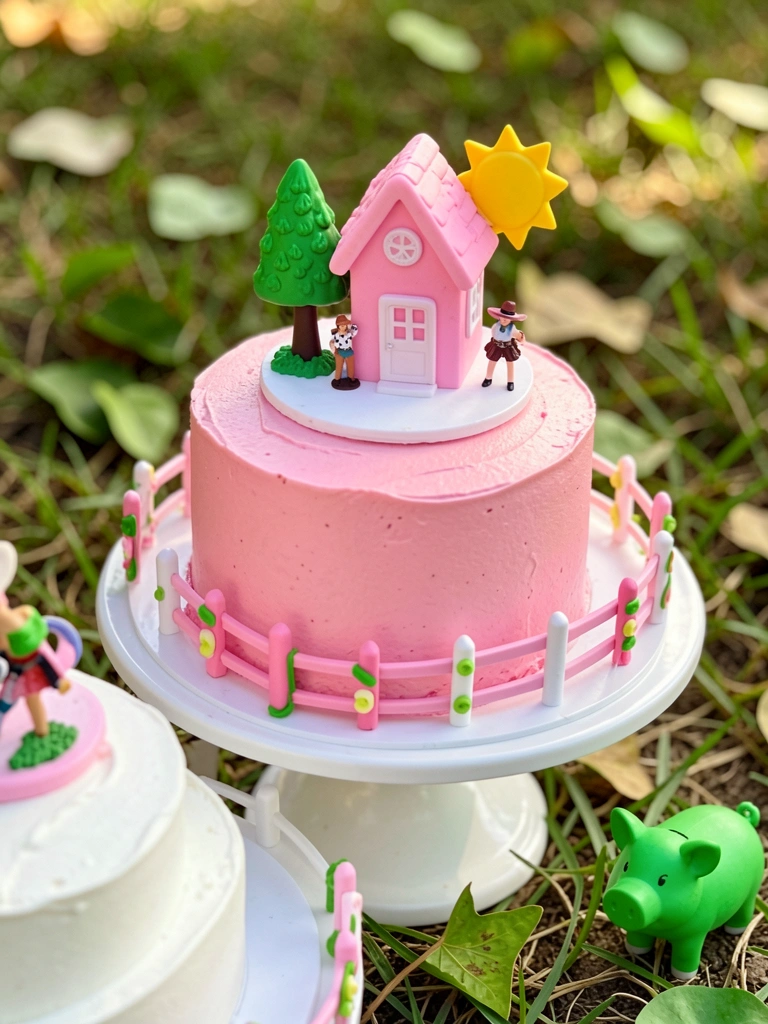 Bolo rosa com topper de cowboy, casinha rosa, árvore verde e porquinho verde sobre suporte branco, fundo com grama e folhas.