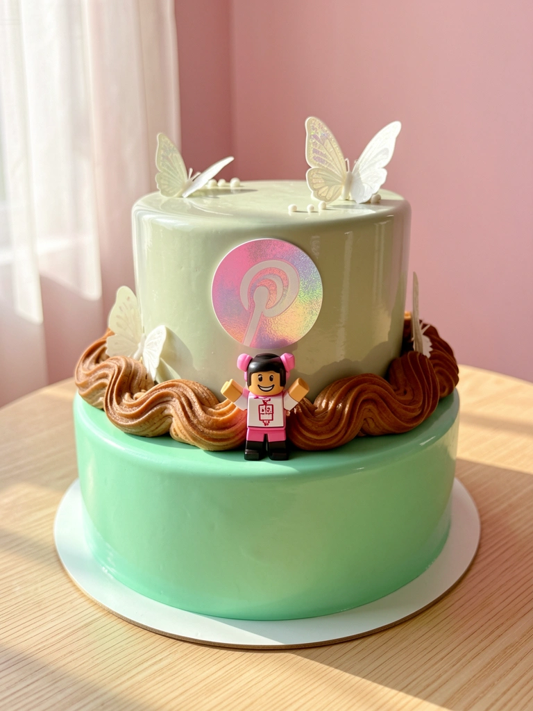 Bolo de dois andares: base verde-menta lisa e topo verde-claro com borboletas brancas, figurino Roblox sorridente, luz natural sobre mesa de madeira clara, fundo rosa pastel.