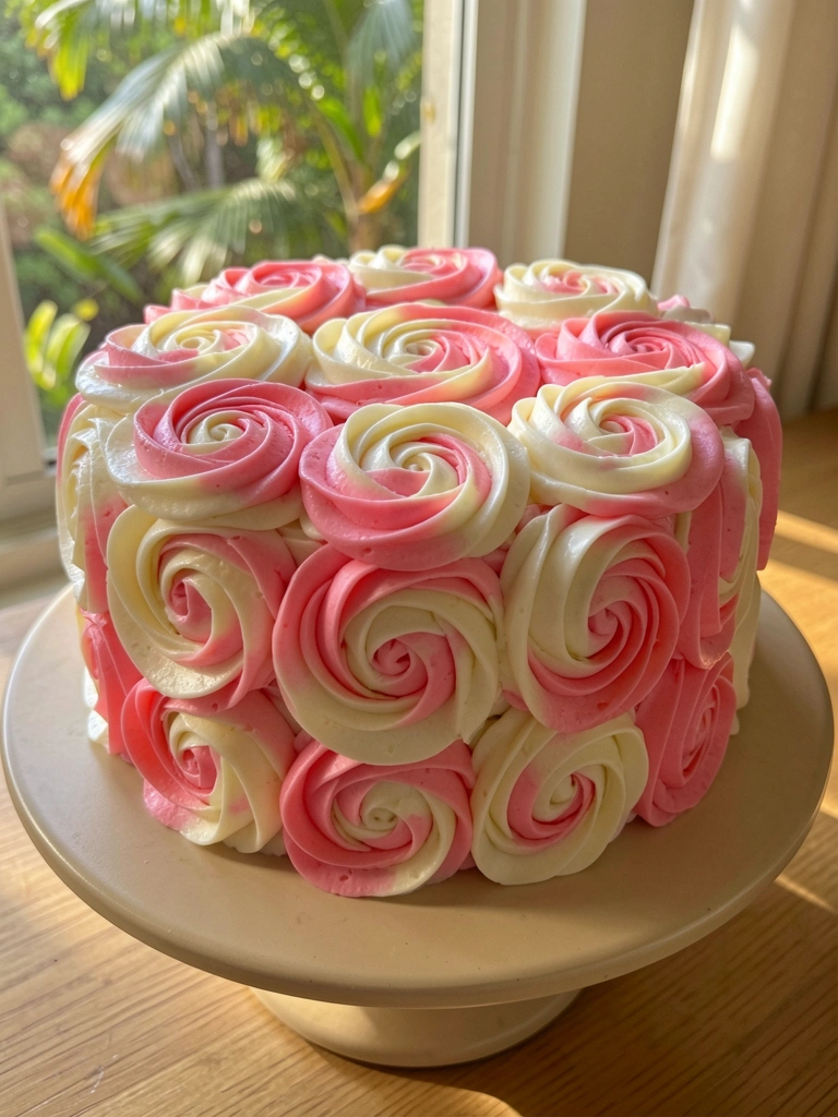 Bolo redondo com rosas de glacê rosa e branco em suporte claro, luz natural suave de janela.