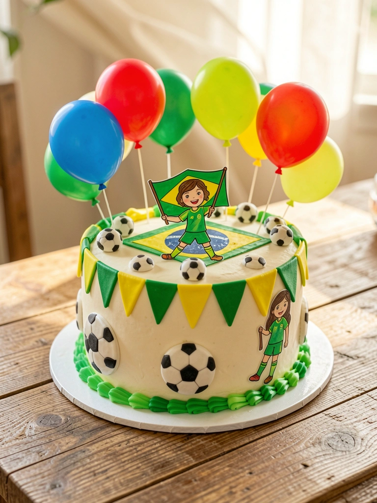 Bolo com decoração de futebol, bandeirolas verde e amarela, e menina com bandeira do Brasil, luz natural sobre mesa rústica de madeira.