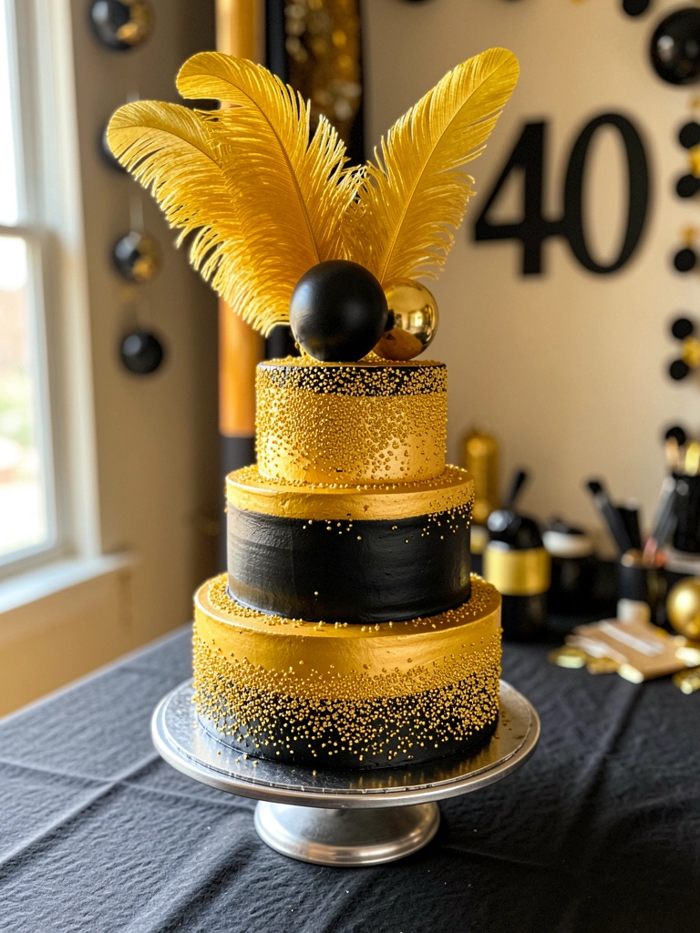 Bolo de três andares dourado e preto com pluma de pena dourada e glacê texturizado, luz natural destacando os detalhes, número