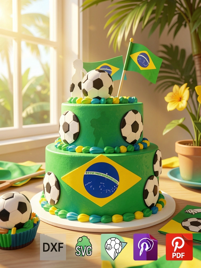 Bolo decorado com bolas de futebol e bandeira do Brasil, tons de verde, amarelo, azul e branco, luz natural de janela.