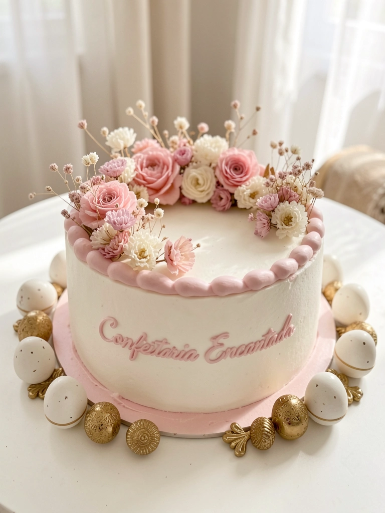 Bolo redondo branco com borda rosa claro e flores secas, ovos de cerâmica e detalhes dourados, luz natural suave.