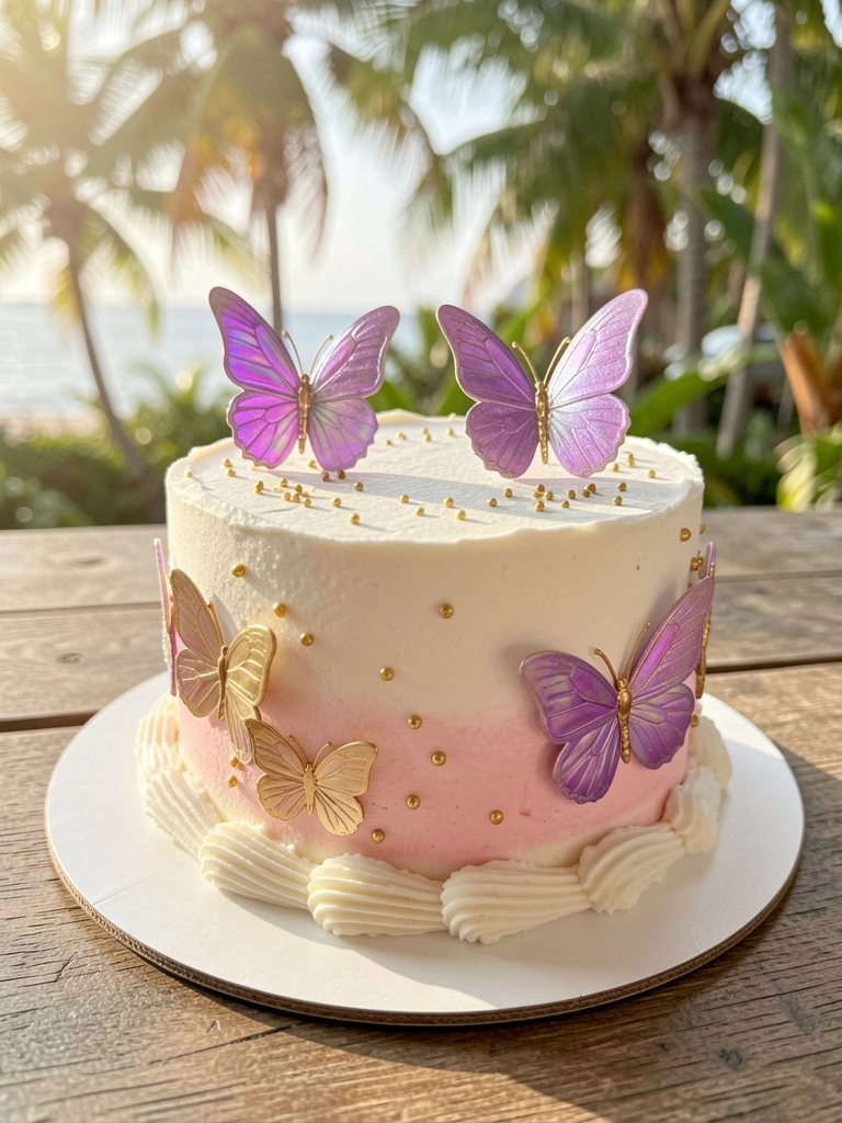 Bolo de aniversário com glacê branco e degradê rosa, borboletas roxas iridescentes e detalhes dourados, luz natural suave.