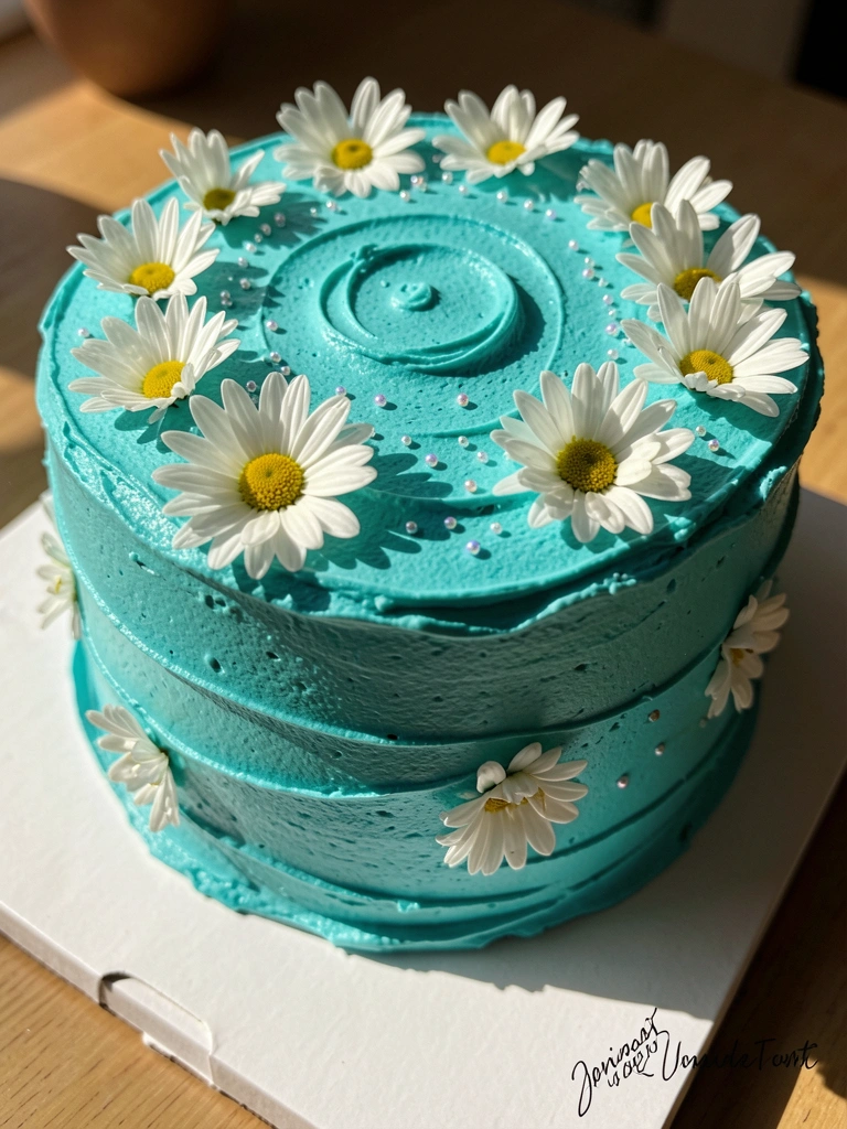 Bolo de três camadas com glacê turquesa e margaridas brancas, luz natural destacando a textura do glacê e brilho das pérolas de açúcar.