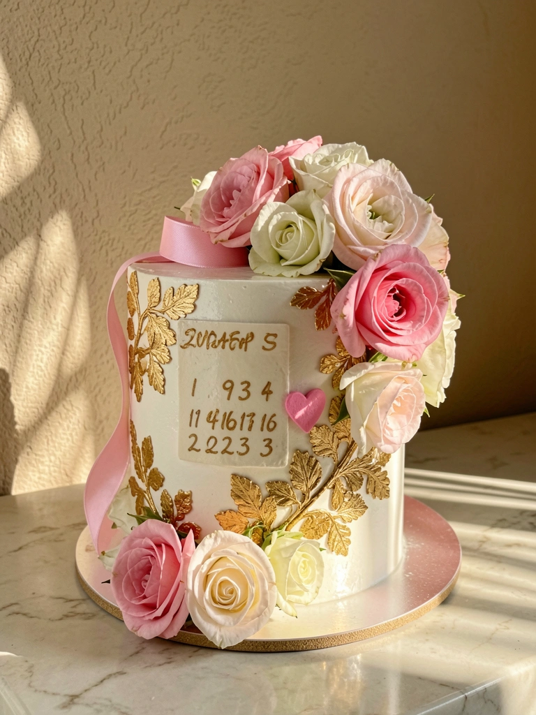 Bolo branco com glacê brilhante, detalhes em folha de ouro, laço rosa e flores naturais sobre bancada de mármore claro, com luz natural.
