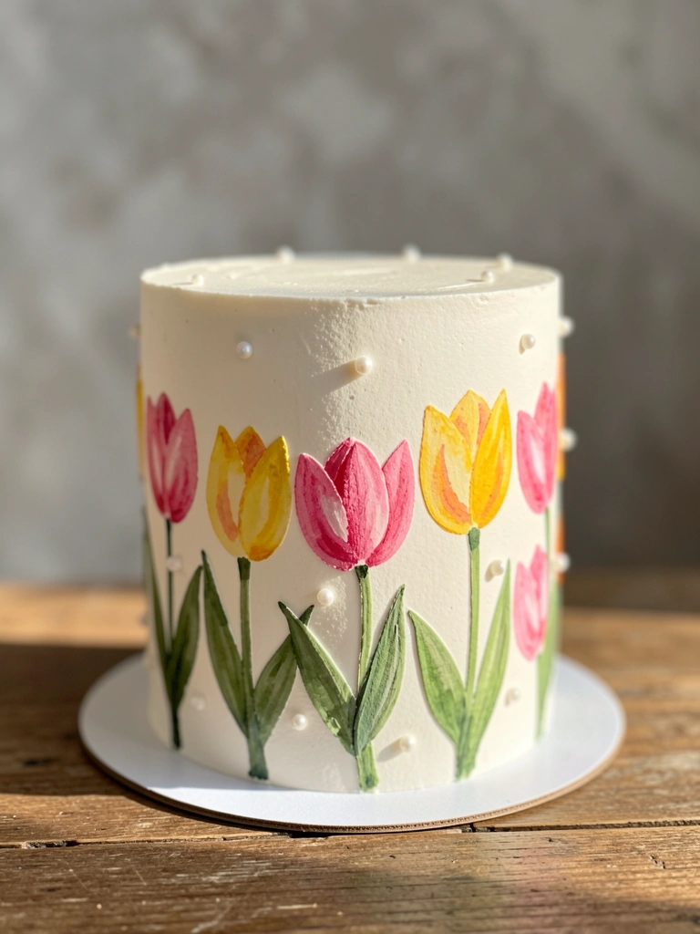 Bolo redondo branco com pintura floral em aquarela de tulipas rosas e amarelas, pérolas brancas e fundo desfocado com luz natural.