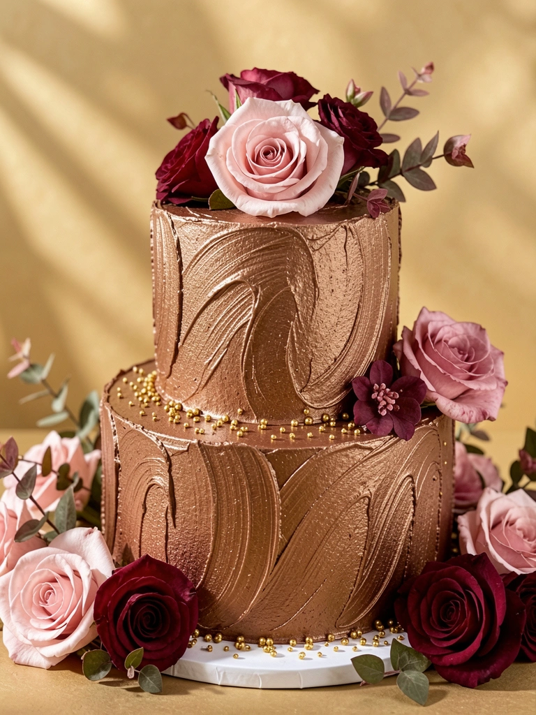 Bolo de dois andares com glacê bronze texturizado em pinceladas verticais, decorado com rosas rosas e burgundy, folhagens e confeitos dourados, sob luz solar difusa.