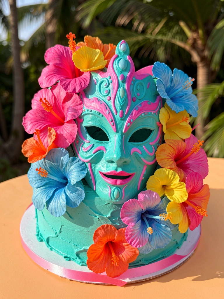 Bolo com glacê turquesa, máscara de papel machê com detalhes neon e flores de açúcar rosa e laranja, luz natural.